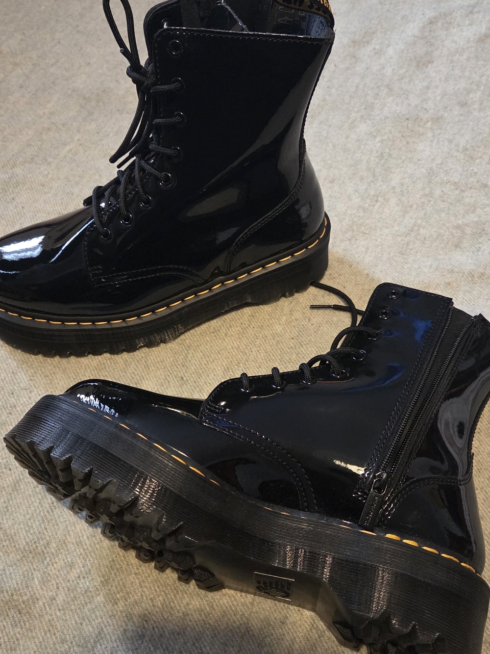 Dr. Martens Black Patent Boots with Yellow Stitching - EU45 - US12L- 11USM